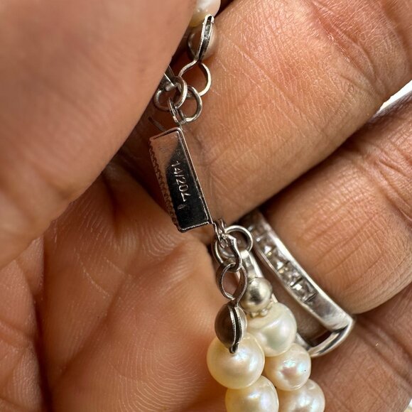 Vintage Faux Pearl Necklace 14/20 GF Clasp Double Strand Green Accent Bead 14.5" - Picture 7 of 11